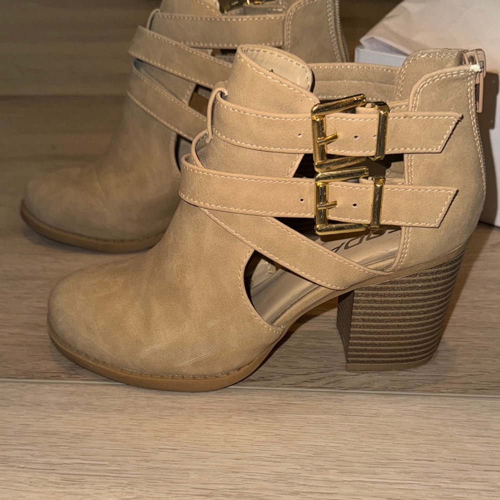 Soda Tan Ankle Booties with Gold Buckles